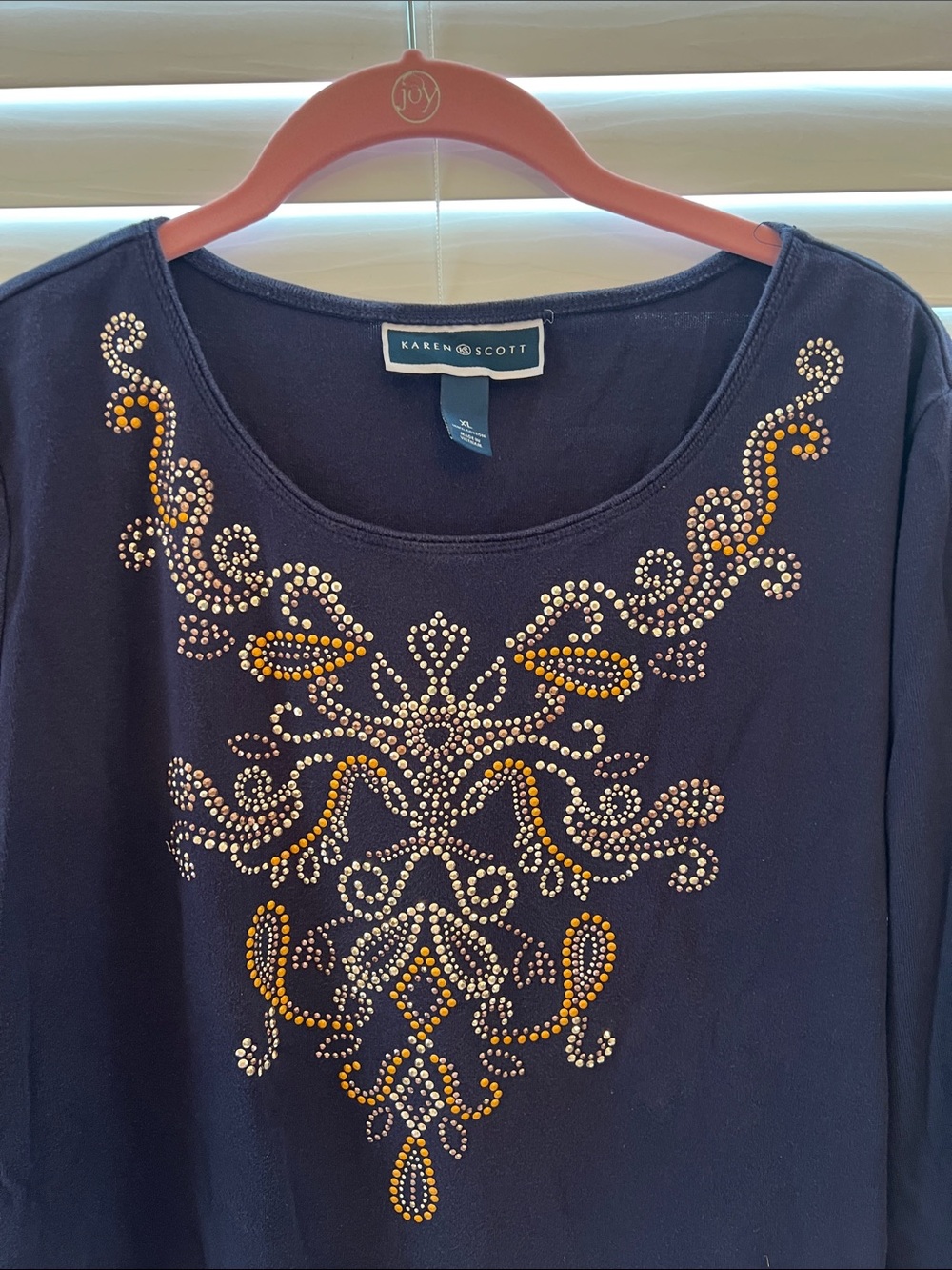 Karen Scott Navy Scoop Neck Top with Gold, Bronze & Silver Stud Design XL